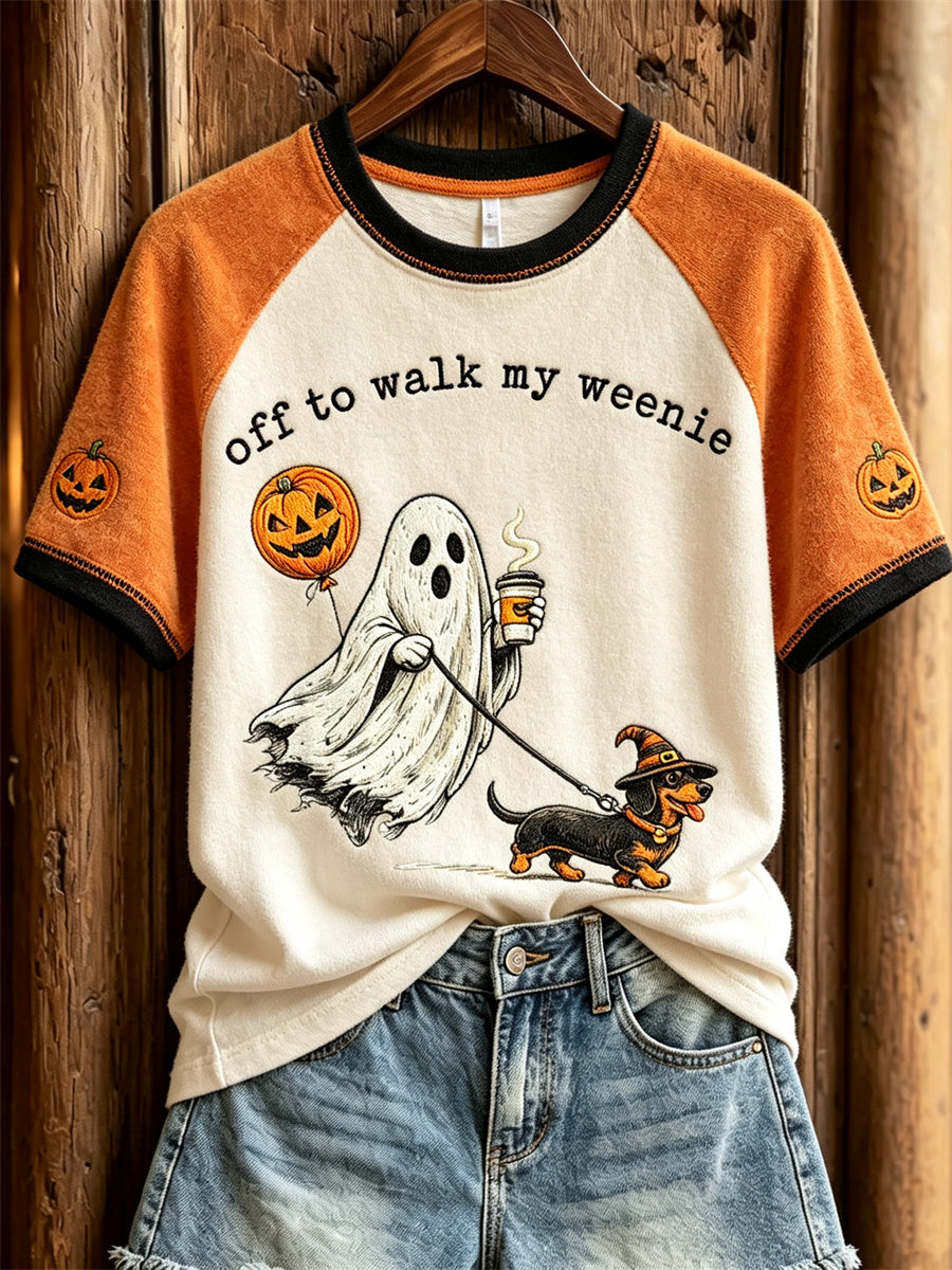 Women's Halloween Ghost Off to Walk My Weenie Print short sleeve T-shirt