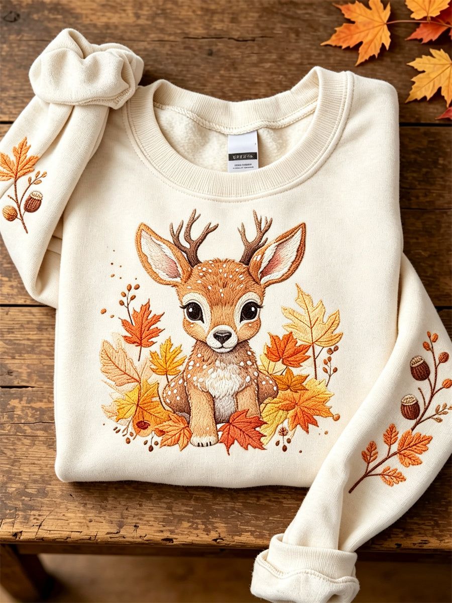 Women's Fuzzy Deer Fall Forest Plants Art Print Sweatshirt