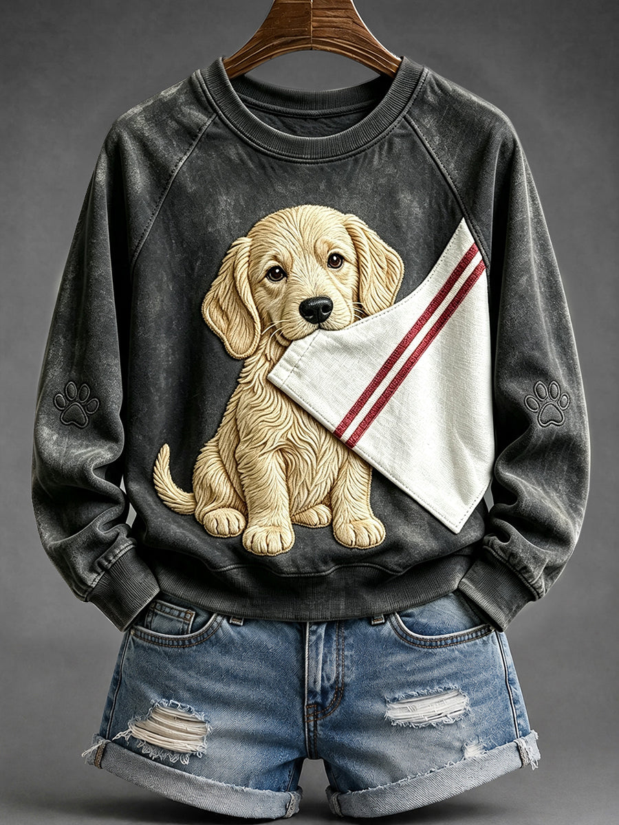 Women's Cute Golden Retriever with Paw Print Raglan Sleeve Sweatshirt
