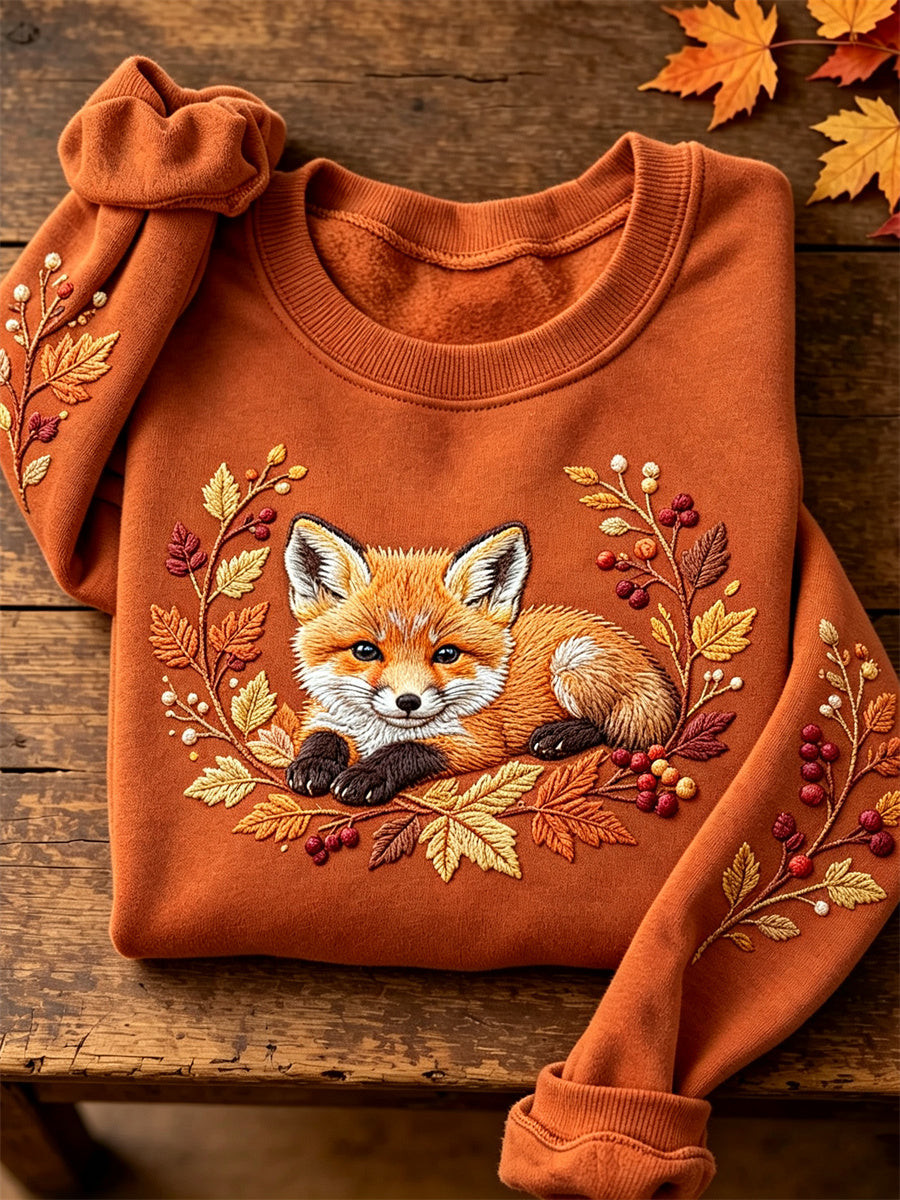 Women's Fuzzy Fox Fall Forest Plants Art Print Sweatshirt