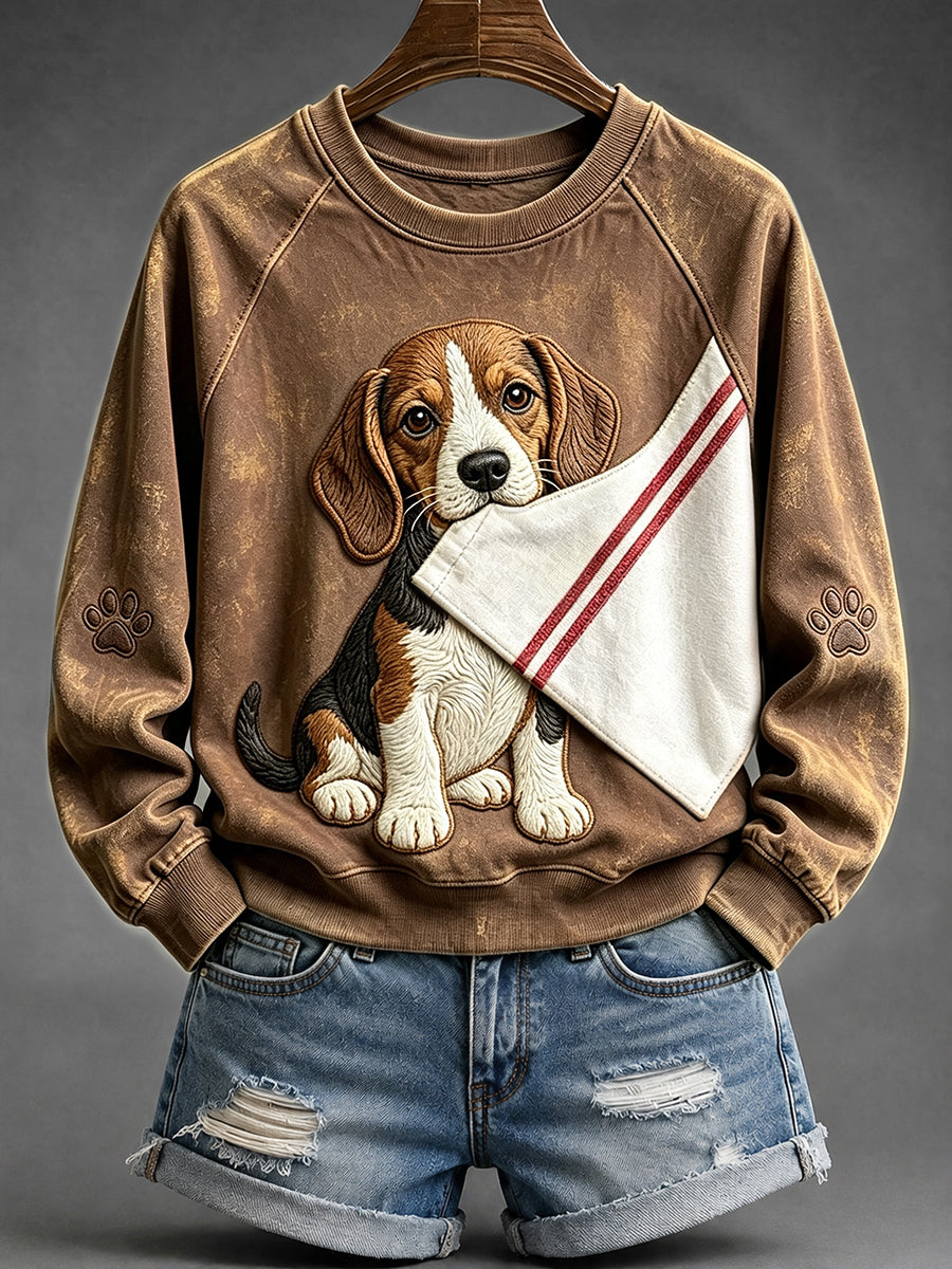 Women's Cute Beagle with Paw Print Raglan Sleeve Sweatshirt