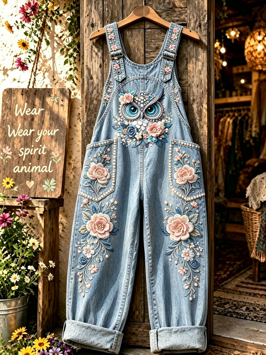 Women's Animal Owl Art Printed Overalls