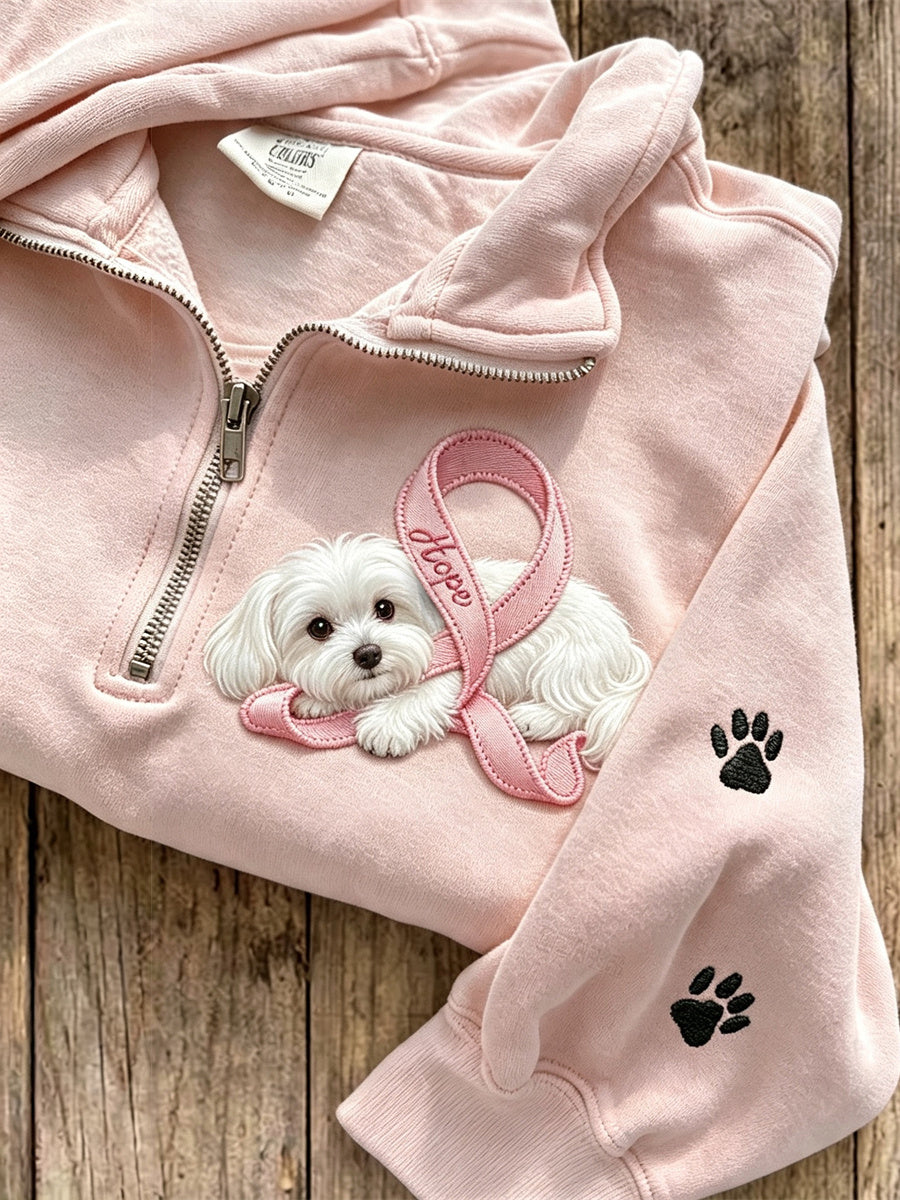Women's Hope Pink Ribbon Maltese Dog & Paw Prints Zip Up Sweatshirt
