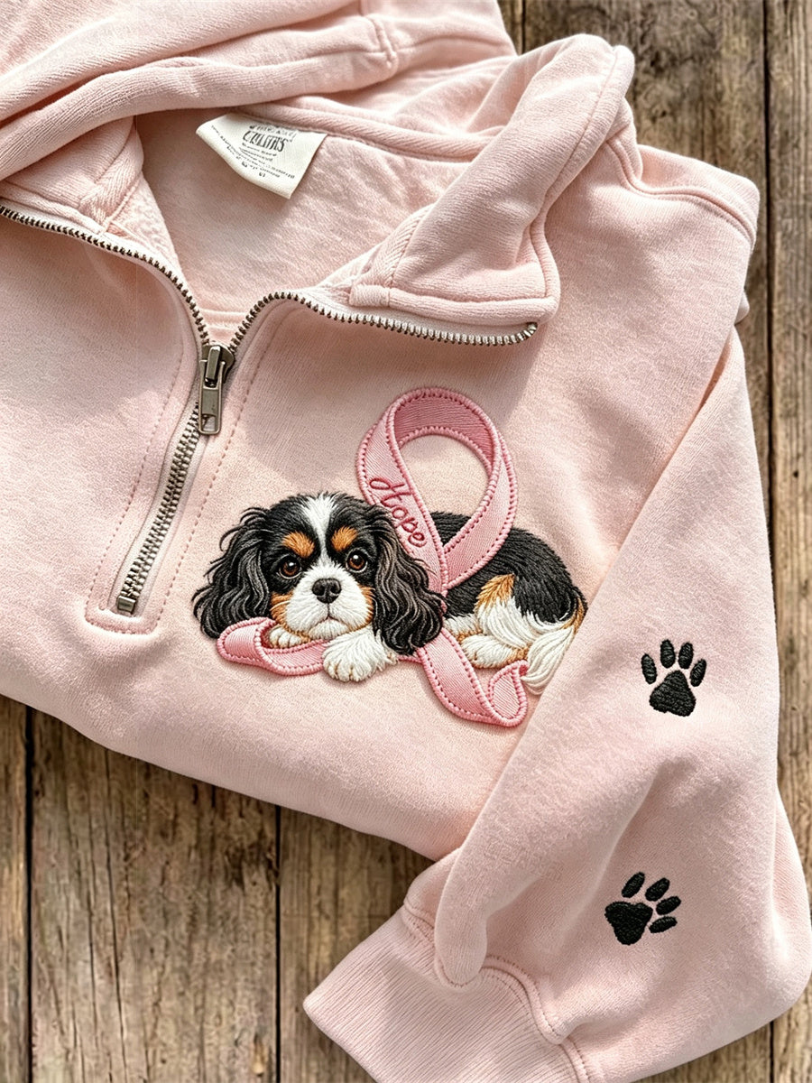 Women's Hope Pink Ribbon King Charles Dog & Paw Prints Zip Up Sweatshirt
