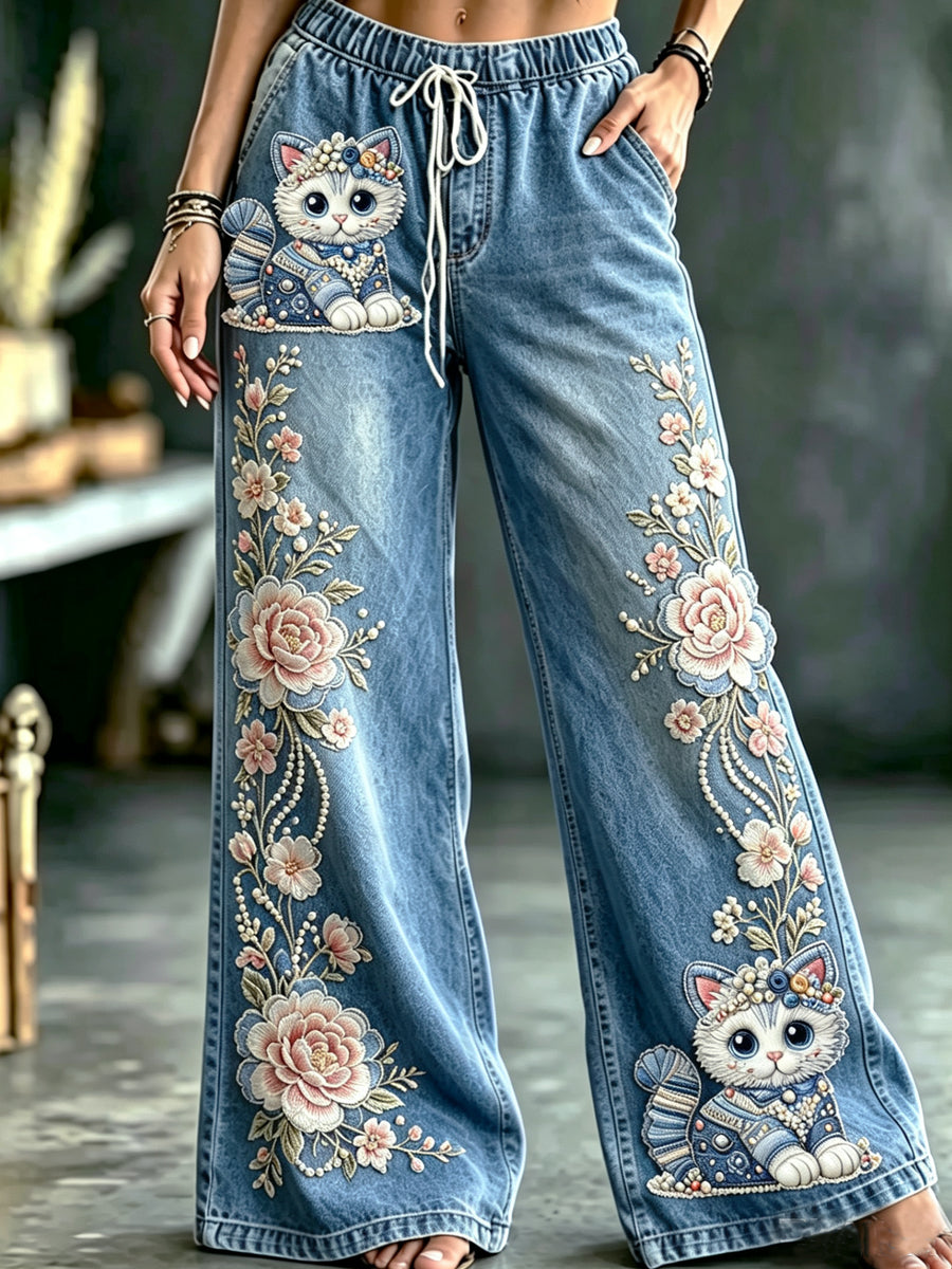 Women's Cat Art Print Flared Trousers