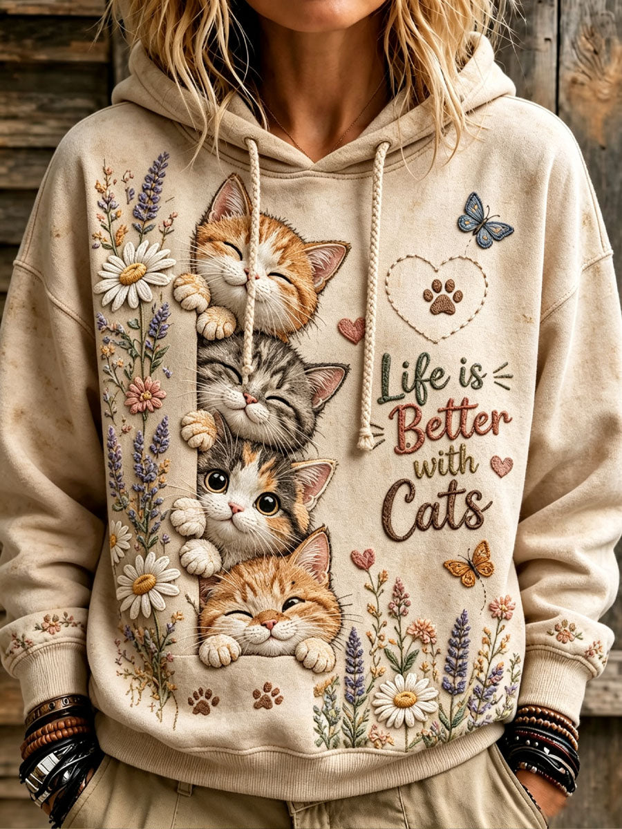 Women's Cute Cat and Floral Print Casual Hoodie