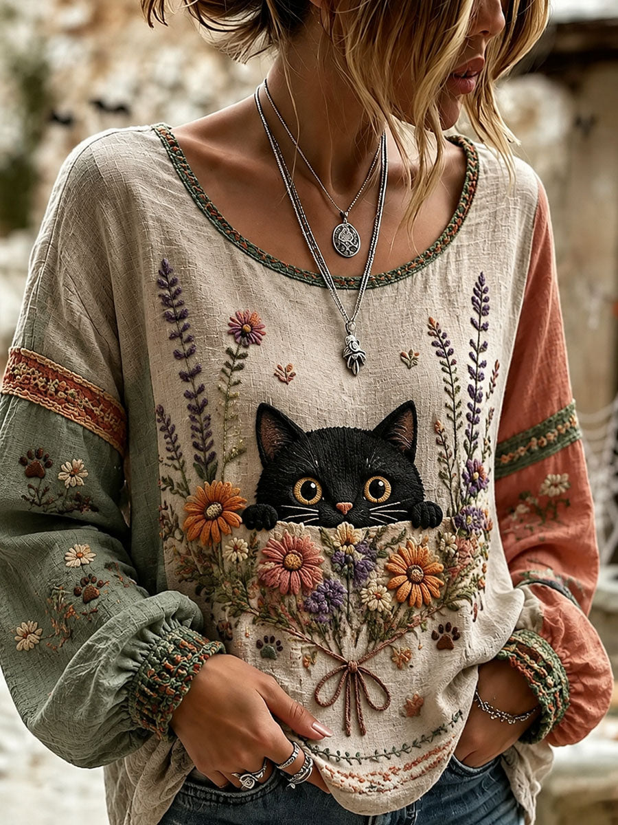 Women’s Cat Lover’s Day Flower Printed Casual Long-Sleeve Shirt