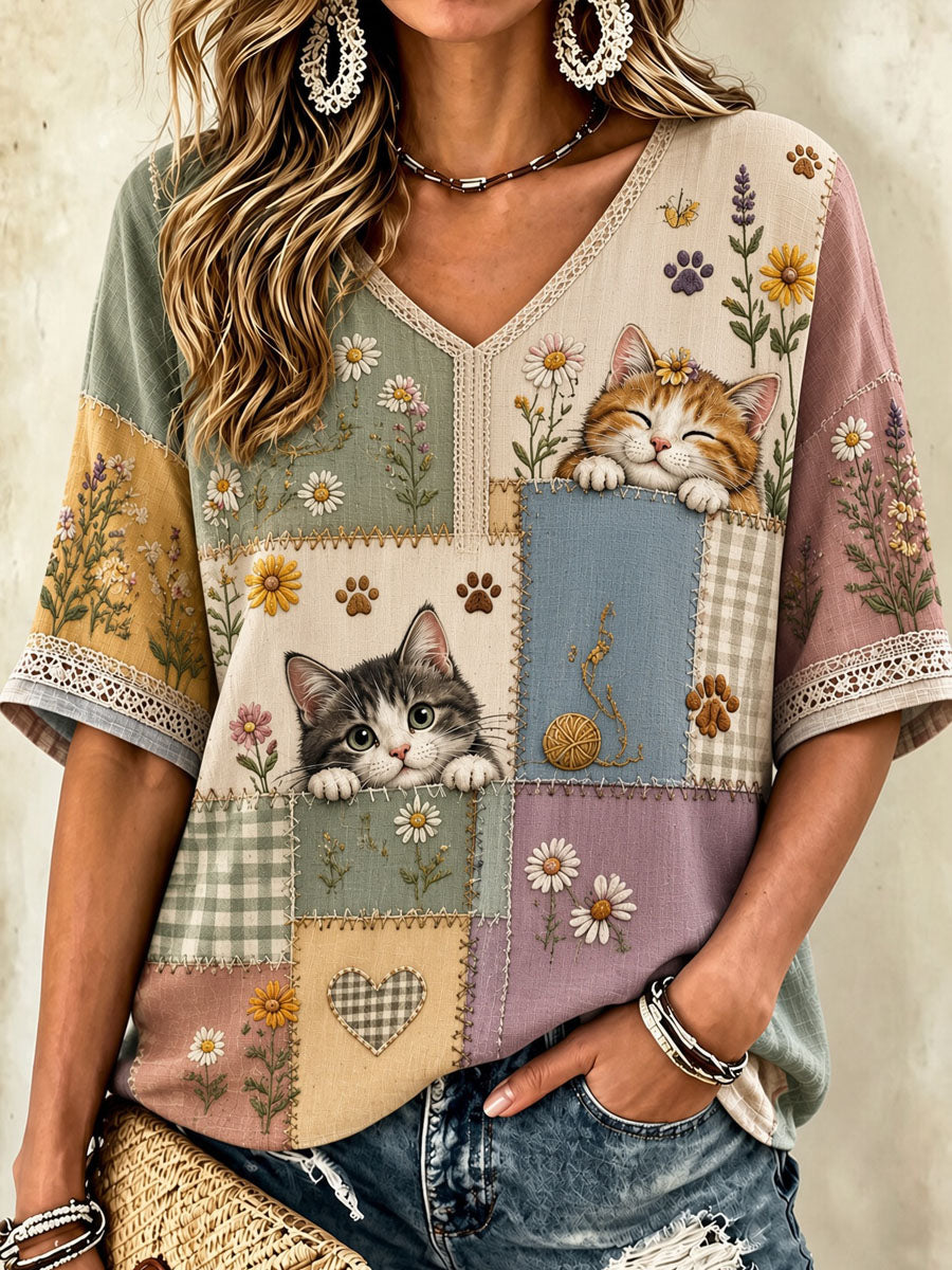 Women’s Cat Lover’s Day Flower Printed Casual V-Neck T-Shirt