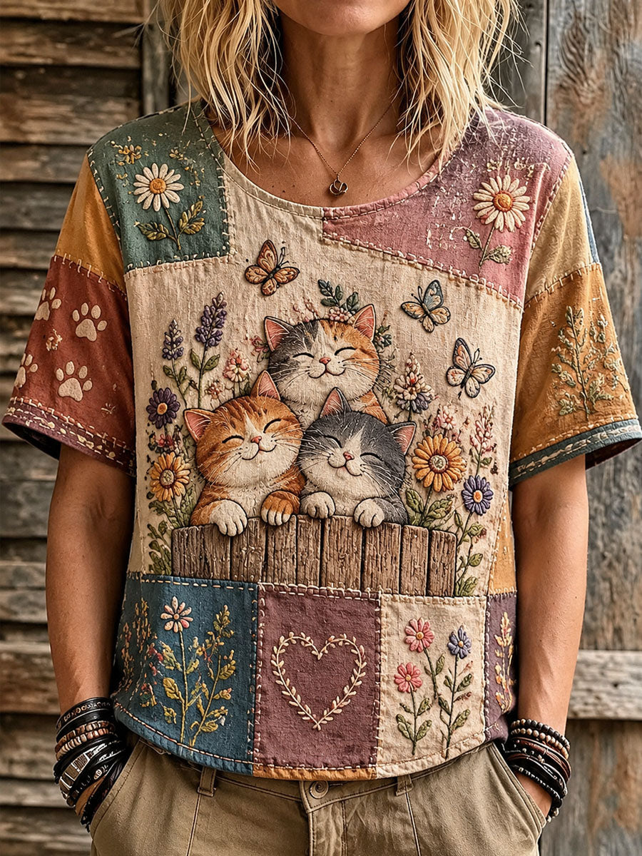 Women’s Cat Lover’s Day Floral Printed Casual T-Shirt