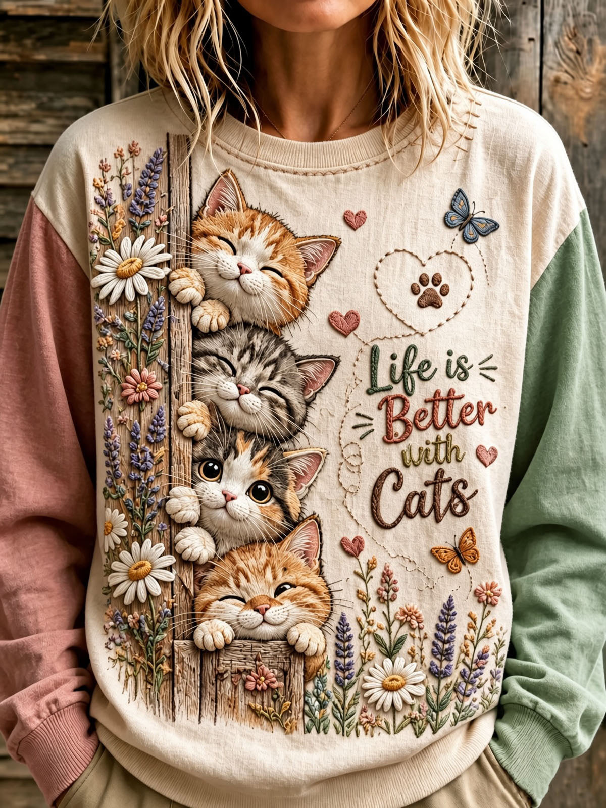 Women's Cute Cat and Floral Print Casual Sweatshirt