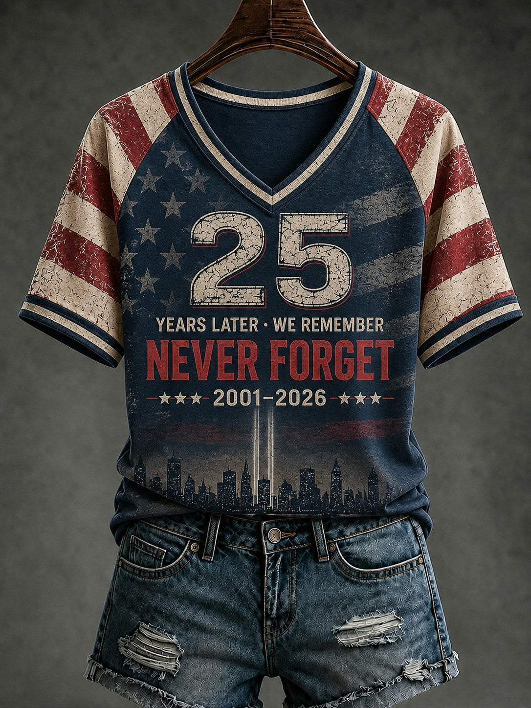 Women's 9.11 Never Forget Printed V-neck T-shirt