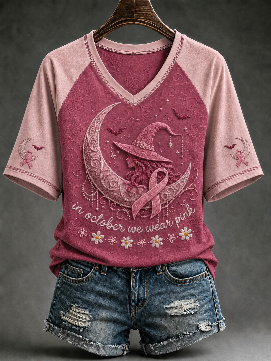 Women's In October We Wear Pink Printed V-neck T-shirt