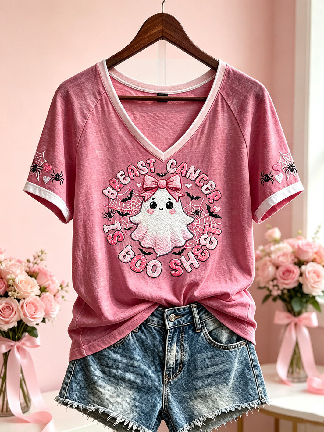 Women's Breast Cancer Theme Halloween Cute Boo Elements Pattern Printed Casual Short Sleeve T-Shirt