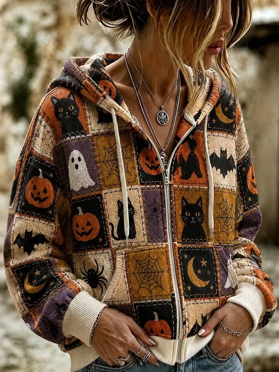 Women's Retro Halloween Black Cat Patchwork Zip-Up Hoodie
