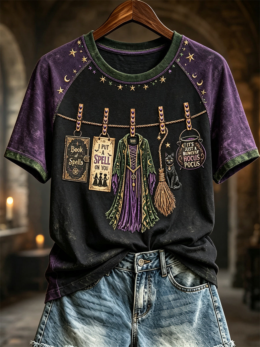 Women's Vintage Halloween Hanging Witch's Belongings Print short sleeve T-shirt