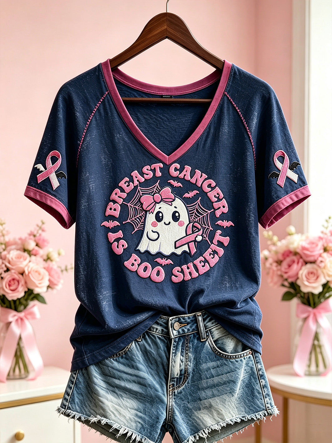 Women's Breast Cancer Theme Halloween Cute Boo Elements Pattern Printed Casual Short Sleeve T-Shirt