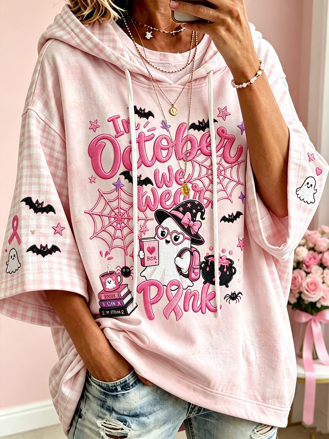 Women's Breast Cancer Theme Halloween Cute Boo Elements Pattern Printed Casual Hoodie