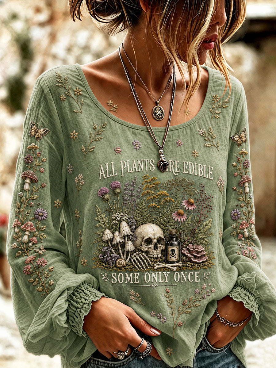 Women's "All Plants Are Edible Some Only Once" Halloween Floral Print Casual Cotton-Linen Shirt
