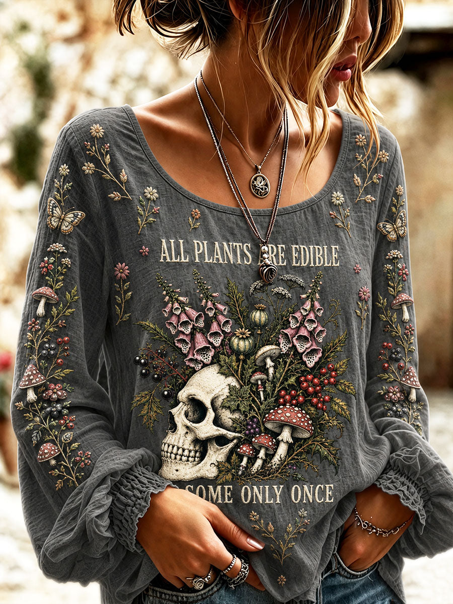 Women's "All Plants Are Edible Some Only Once" Halloween Floral Print Casual Cotton-Linen Shirt