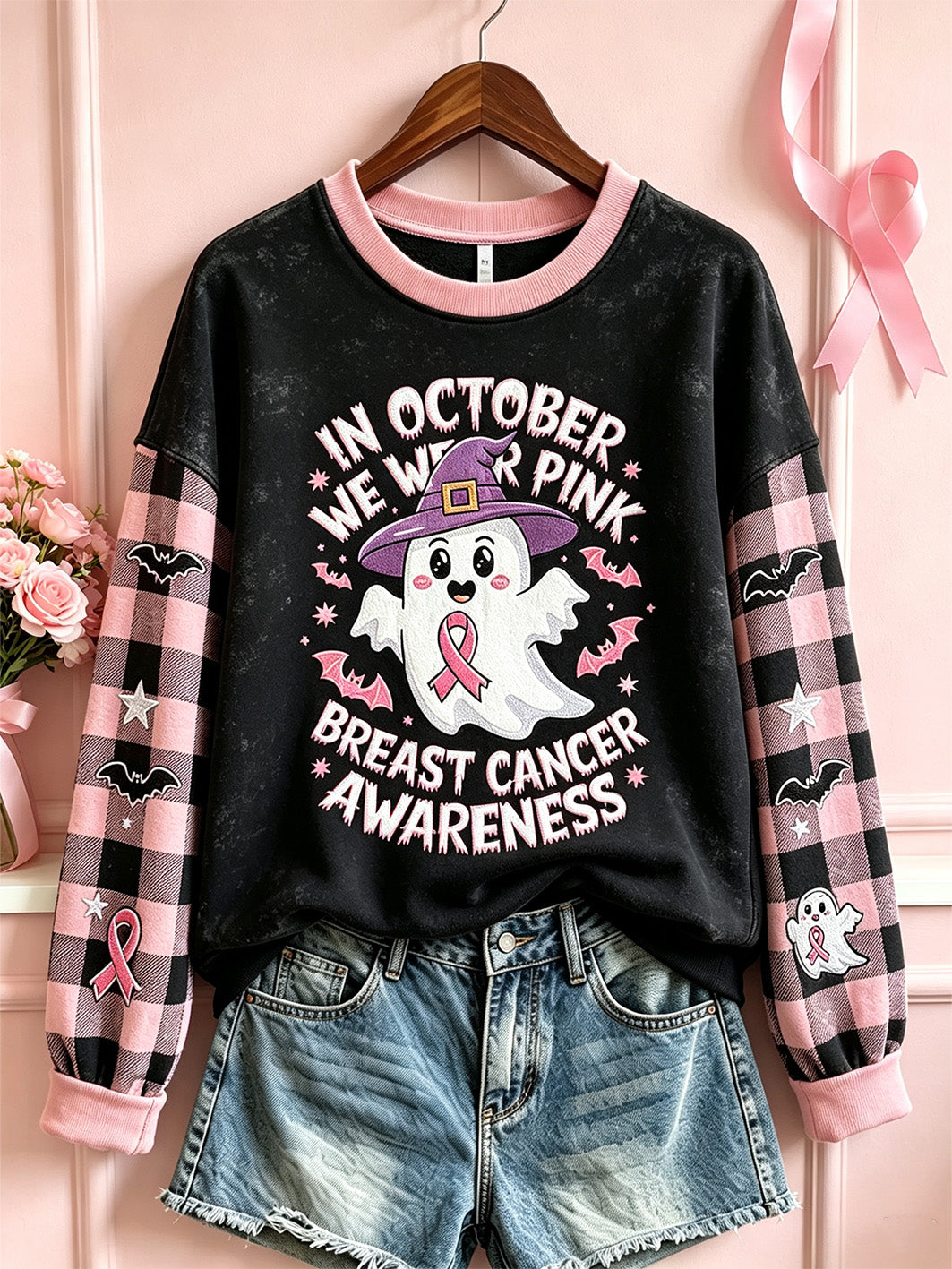 Women's Breast Cancer Theme Halloween Cute Boo Elements Pattern Printed Casual Sweatshirt