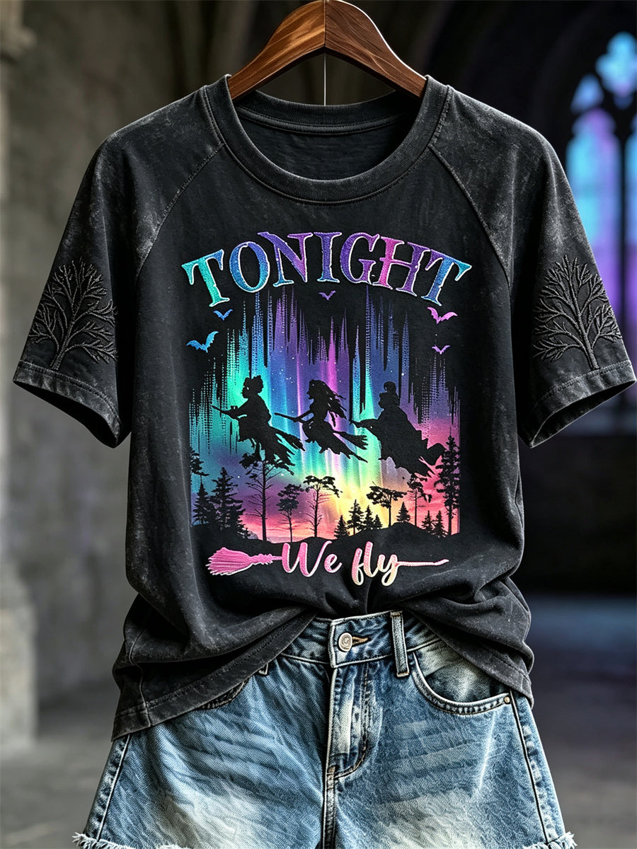 Women's Vintage Halloween Tonight We Fly Witches Art Print short sleeve T-shirt