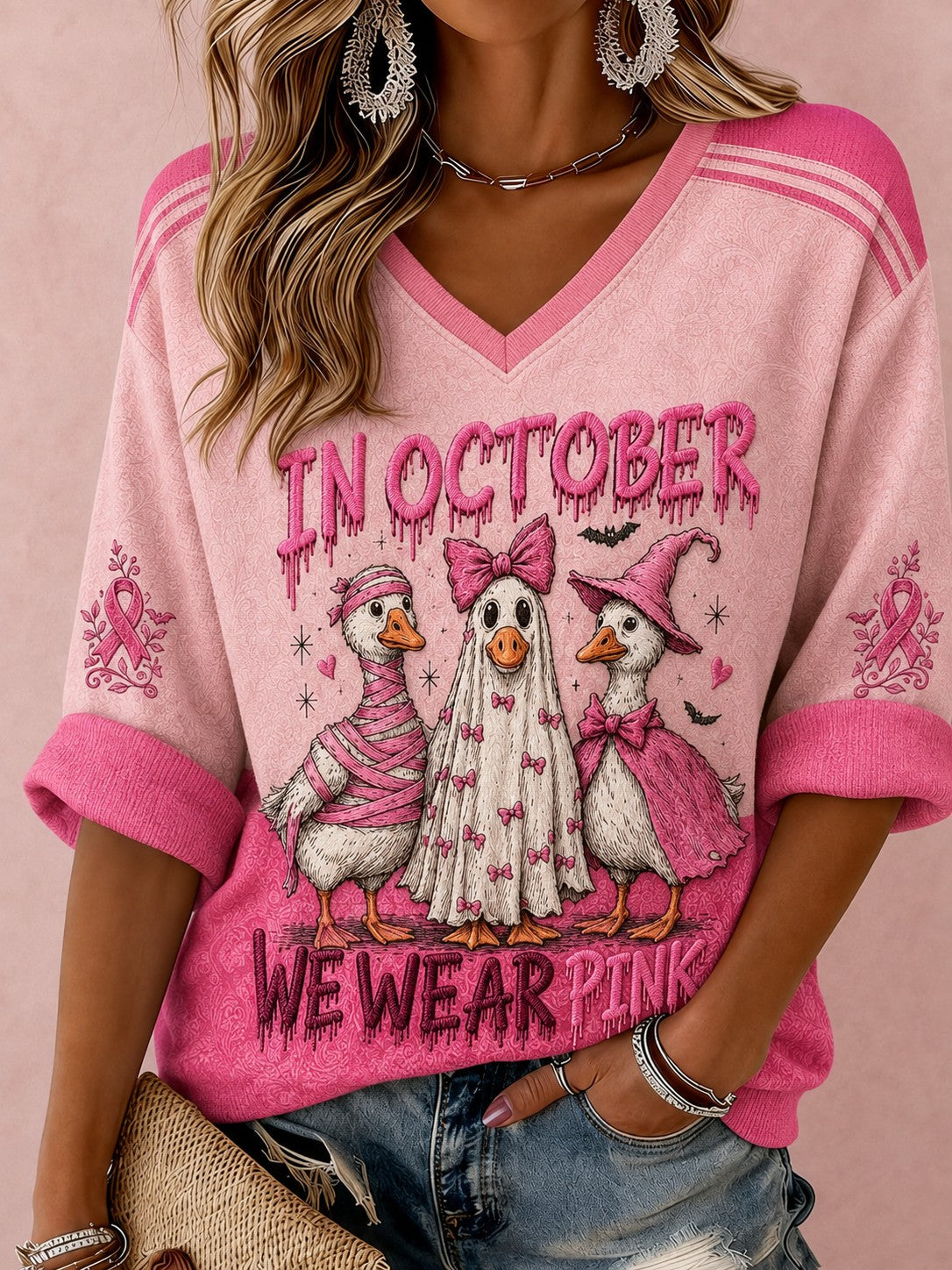 Women's In October We Wear Pink Printed Mid-length Sleeves V-neck T-shirt