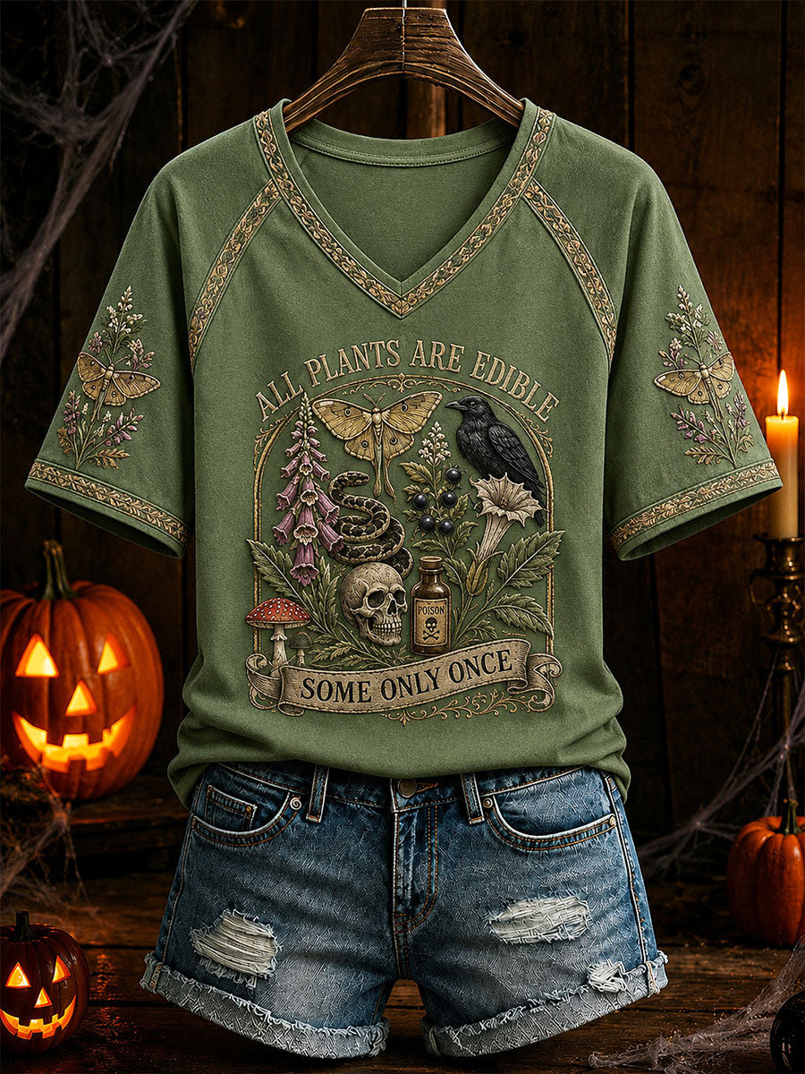 Women's "All Plants Are Edible Some Only Once" Halloween Floral Print Casual T-shirt