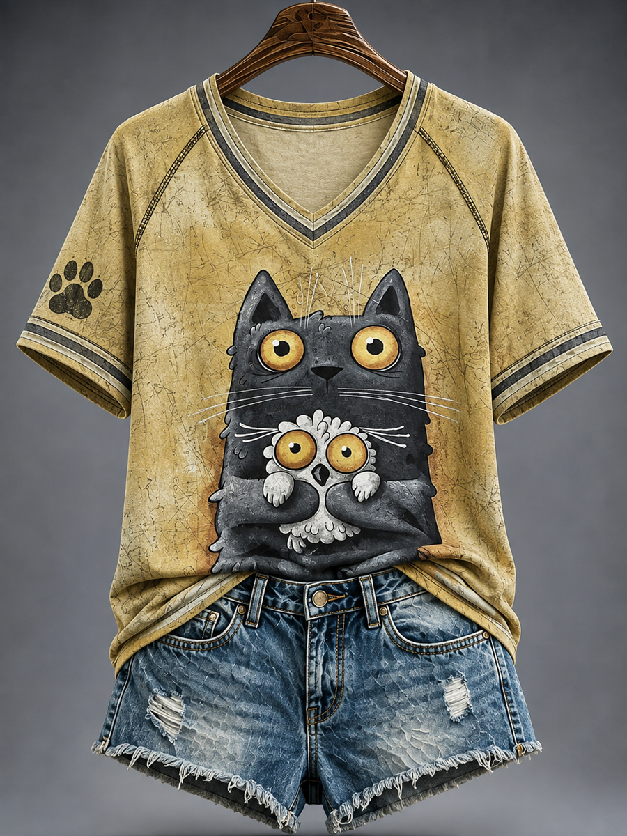 Women's Cat Printed V-neck off-shoulder short-sleeved T-shirt