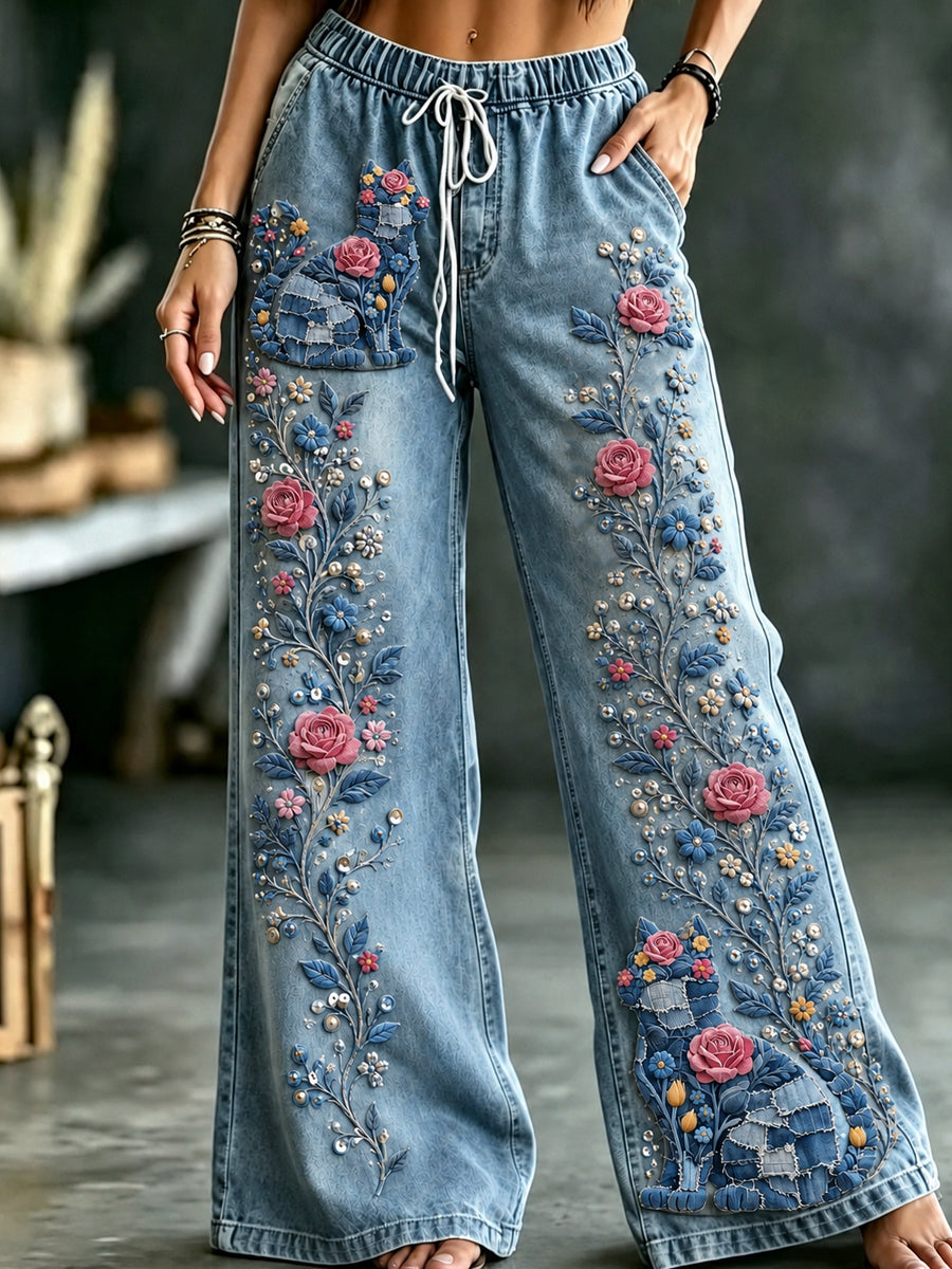 Women's Animal Flowers Art Print Trousers