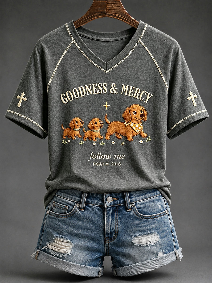 Women's Goodness & Mercy Dachshund Follow Me Print V-neck Short-sleeved T-shirt