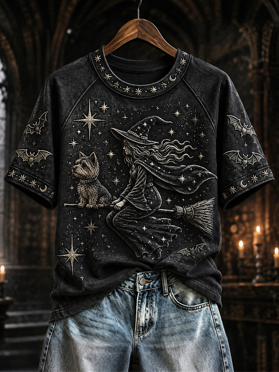Women's Halloween Night Witch & Yorkie Dog Mystical Print short sleeve T-shirt