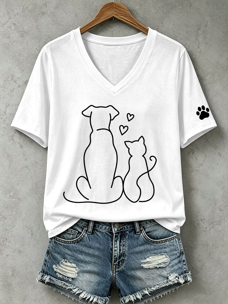 Women's Cute Cat and Dog Line Art T-Shirt
