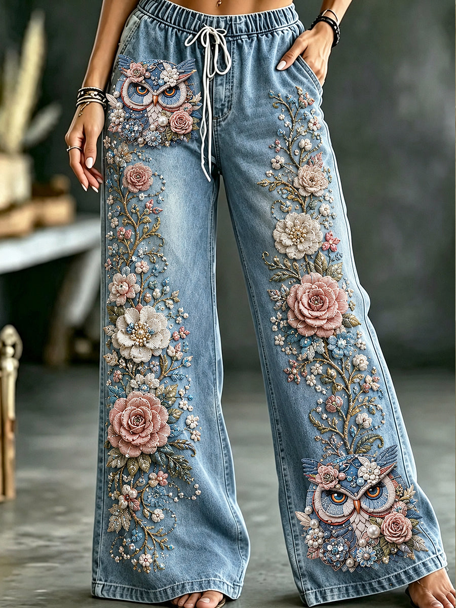 Women's Animal Flowers Art Print Trousers