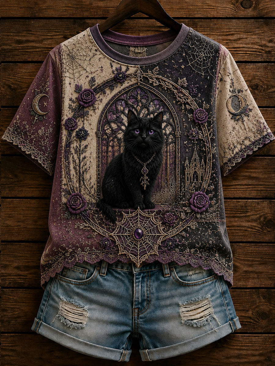 Women’s Gothic Black Cat Print Casual T-Shirt