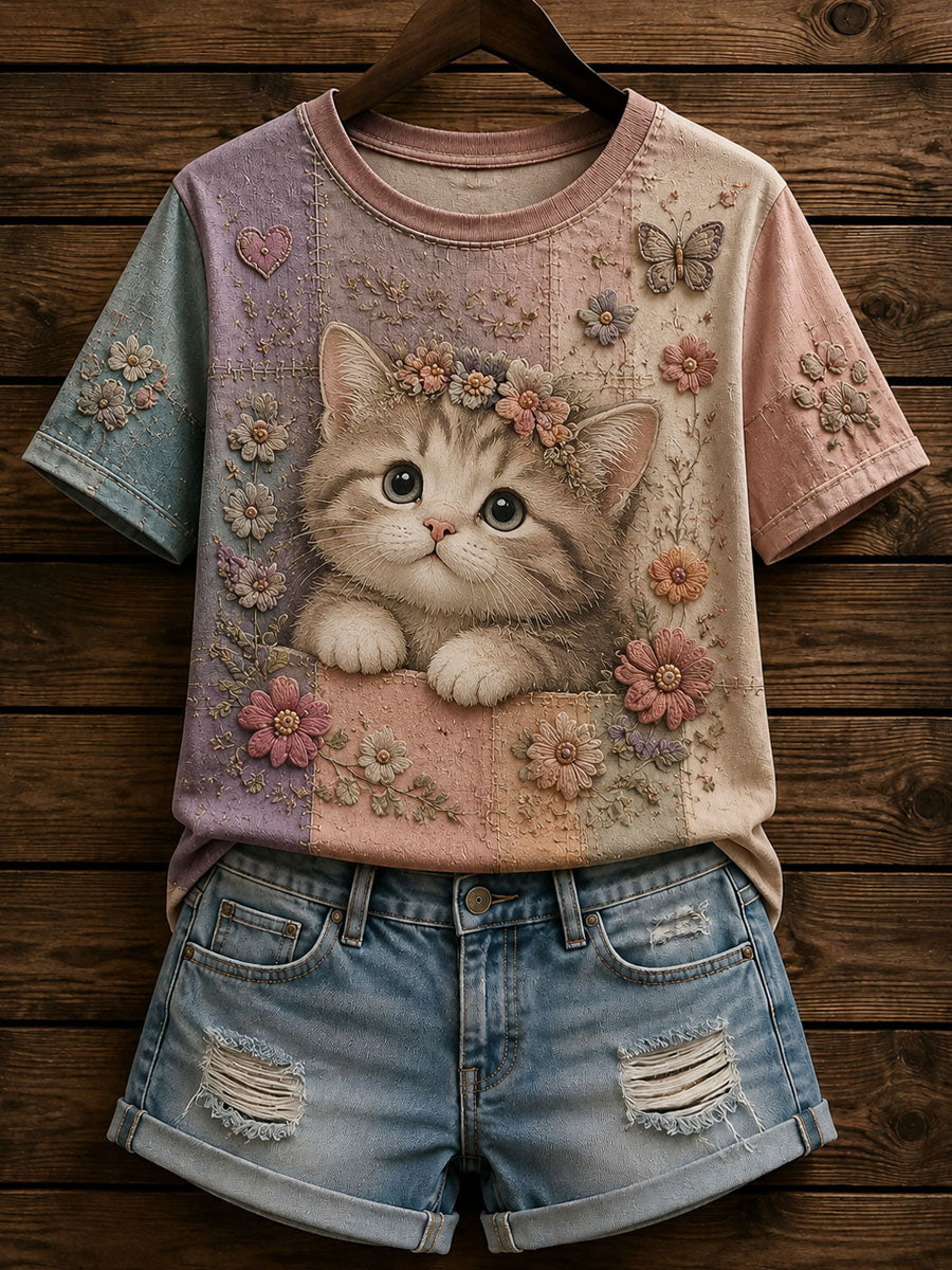 Women’s Patchwork Cat Printed Casual T-Shirt