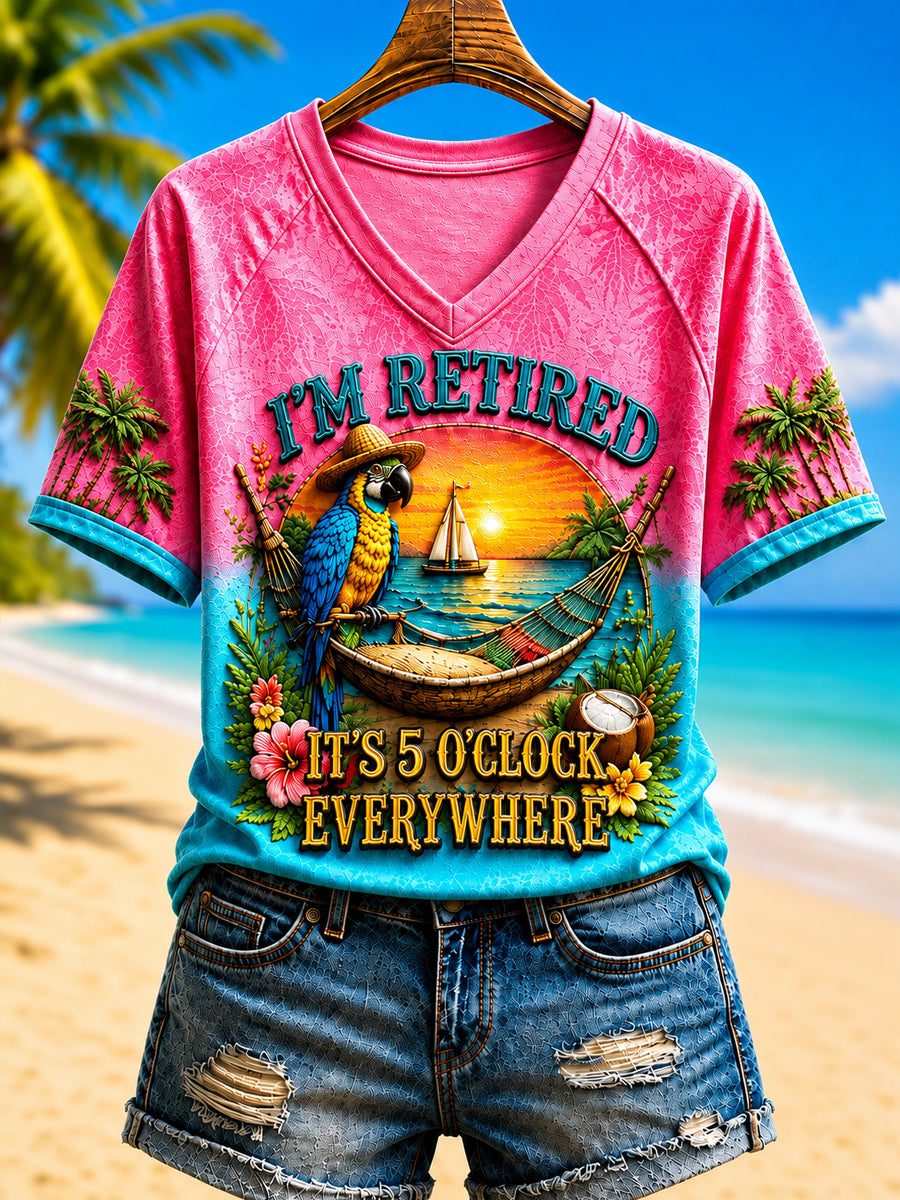 Women's I'm Retired It's 5 O'clock Everywhere Parrot V-neck Short Sleeve T-shirt