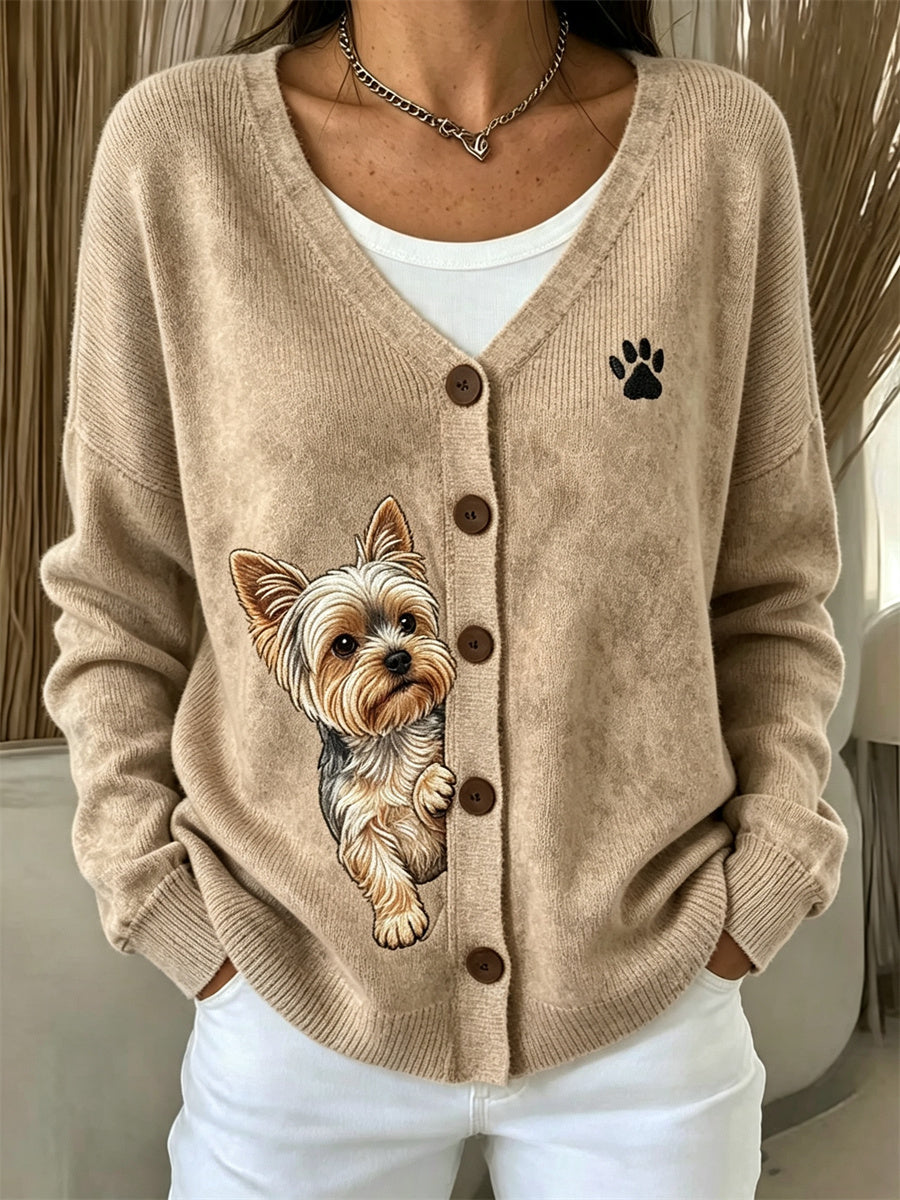 Women's Peeking Yorkshire Dog & Paw Print Cozy Cardigan