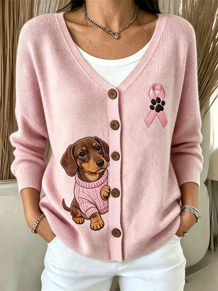Women's Peeking Dachshund Dog Pink Ribbon Breast Cancer Awareness Cozy Cardigan