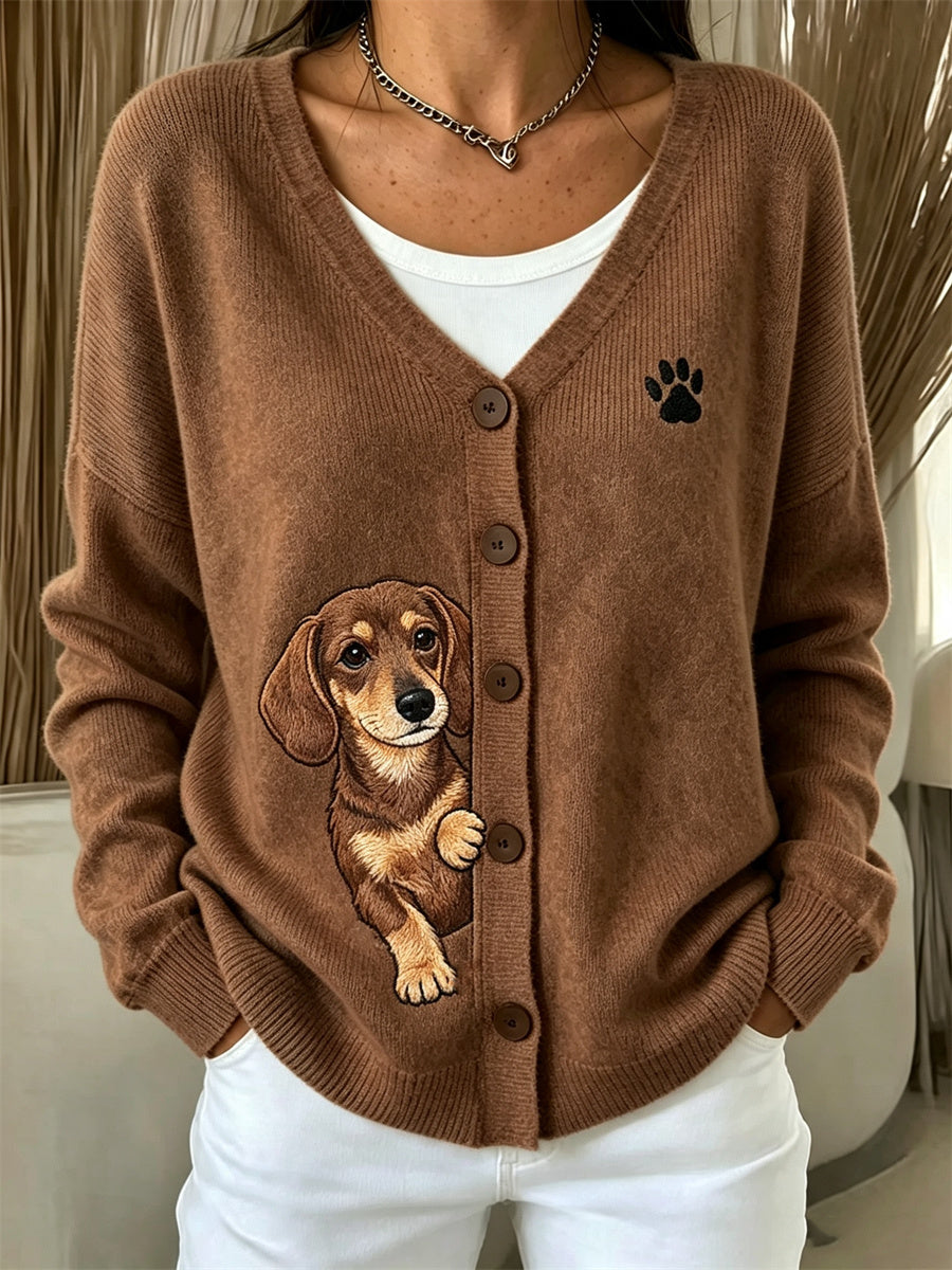 Women's Peeking Dachshund Dog & Paw Print Cozy Cardigan