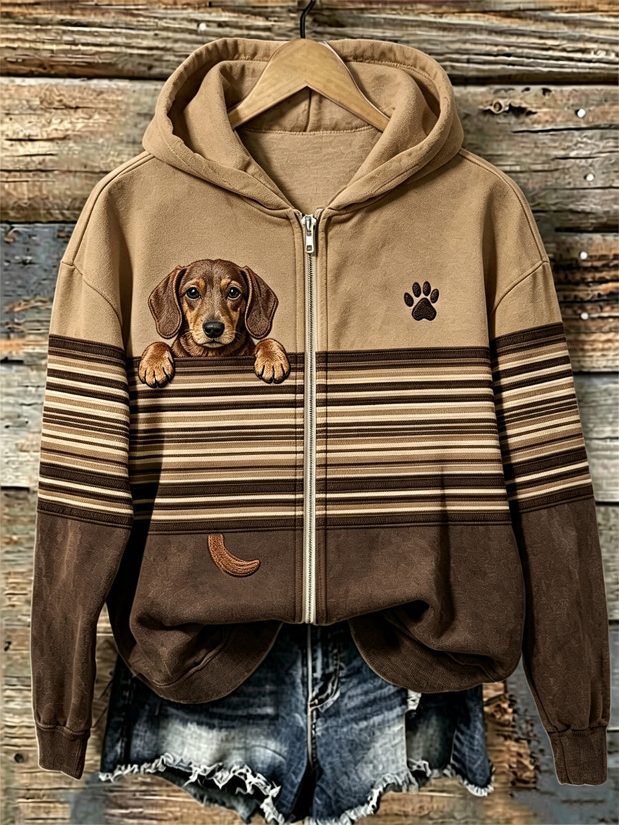 Women's Peeking Dachshund Dog Striped Contrast Color Full Zip Hoodie