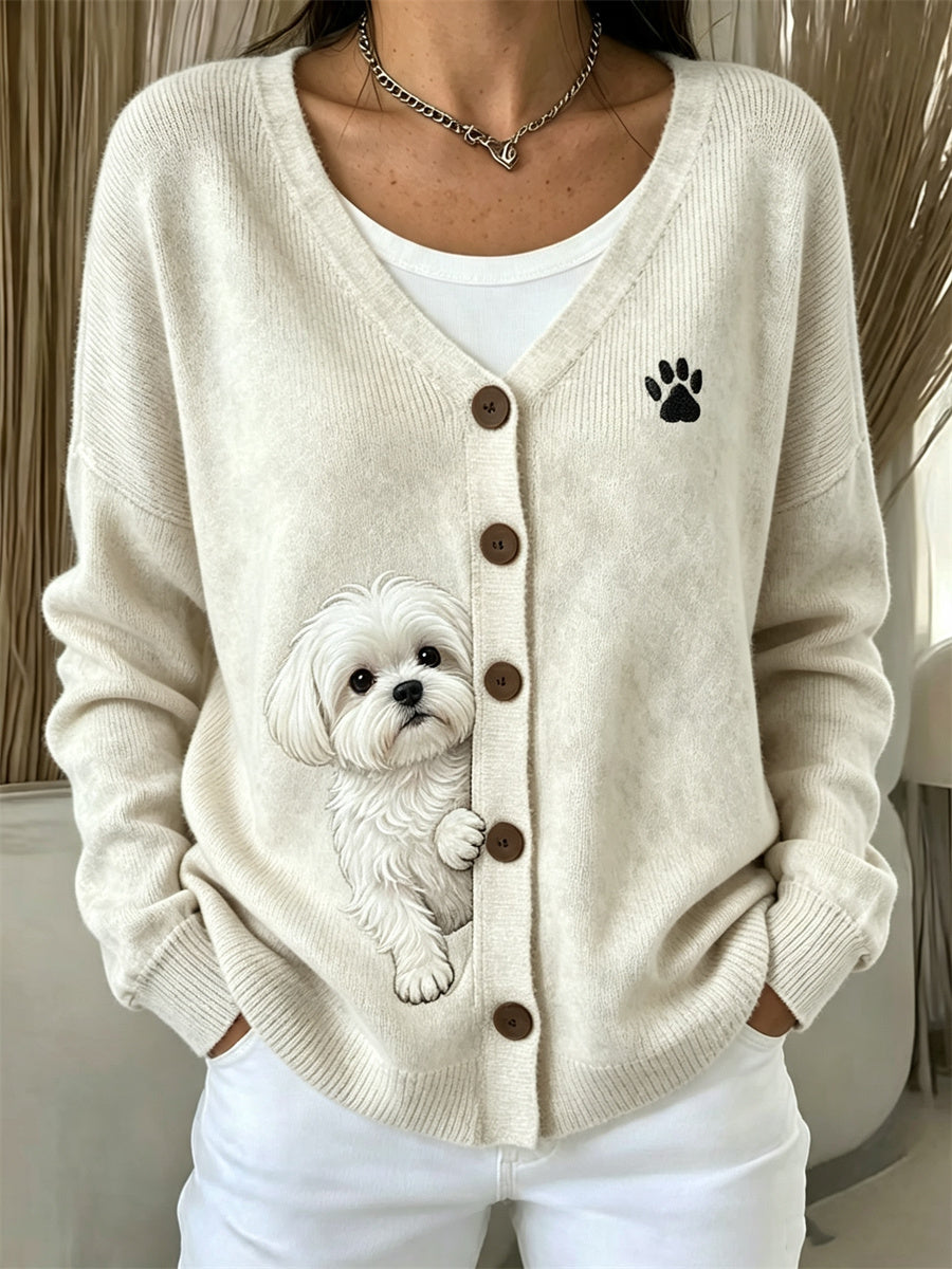 Women's Peeking Maltese Dog & Paw Print Cozy Cardigan