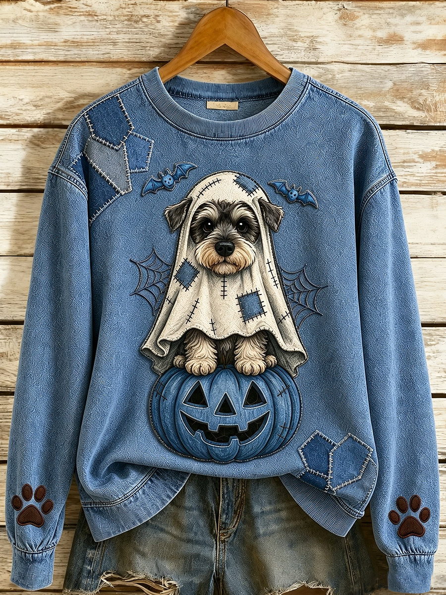 Women's Halloween Cute Animals Dog Printed Round-Neck Long-Sleeved Sweatshirt