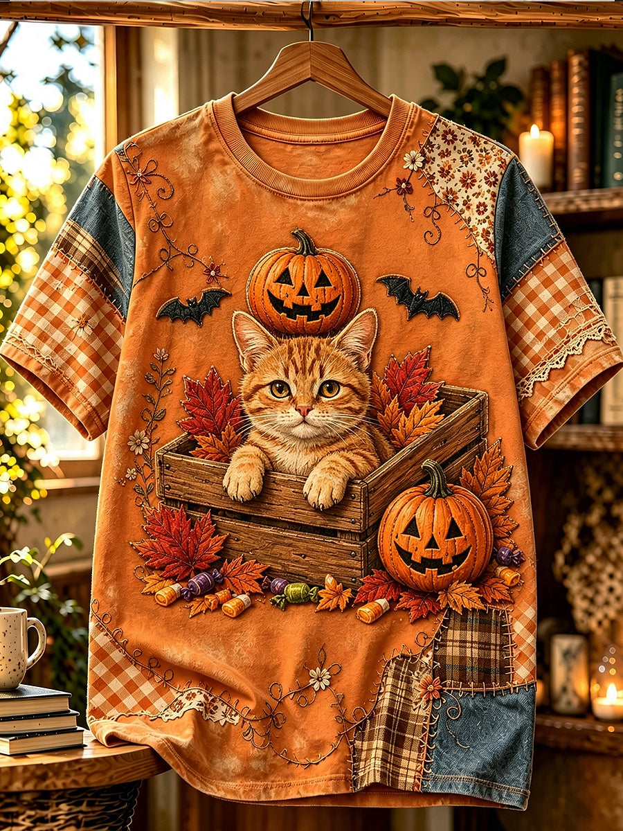 Women's Halloween Animals Cat Printed Vintage Fashion Loose Short Sleeve T-Shirt