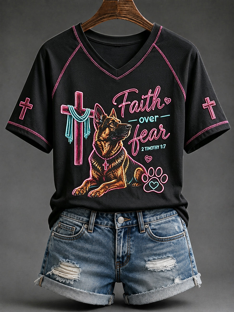 Women's Faith Over Fear German Shepherd Print V-neck Short-sleeved T-shirt