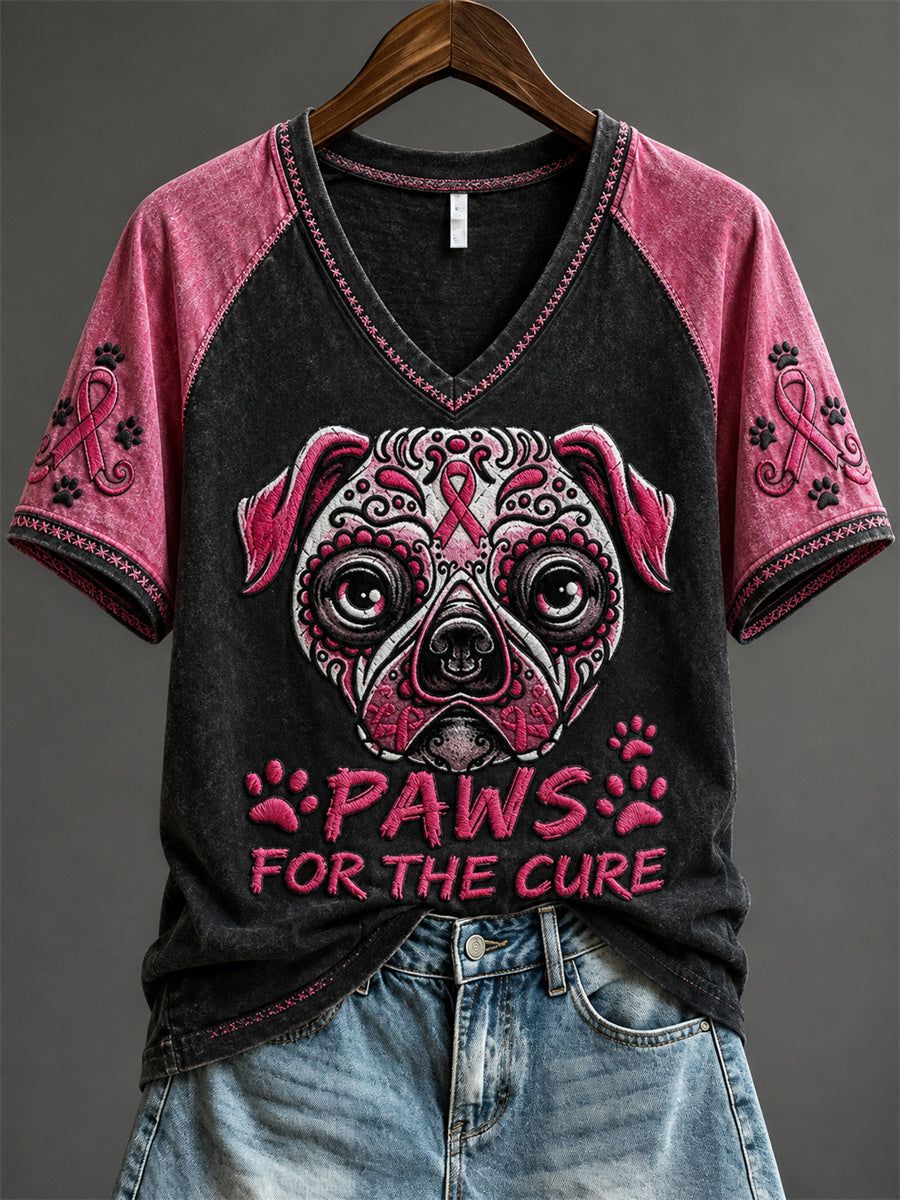 Women's Paws for the Cure Bulldog Pink Sugar Skull Print short-sleeved T-shirt
