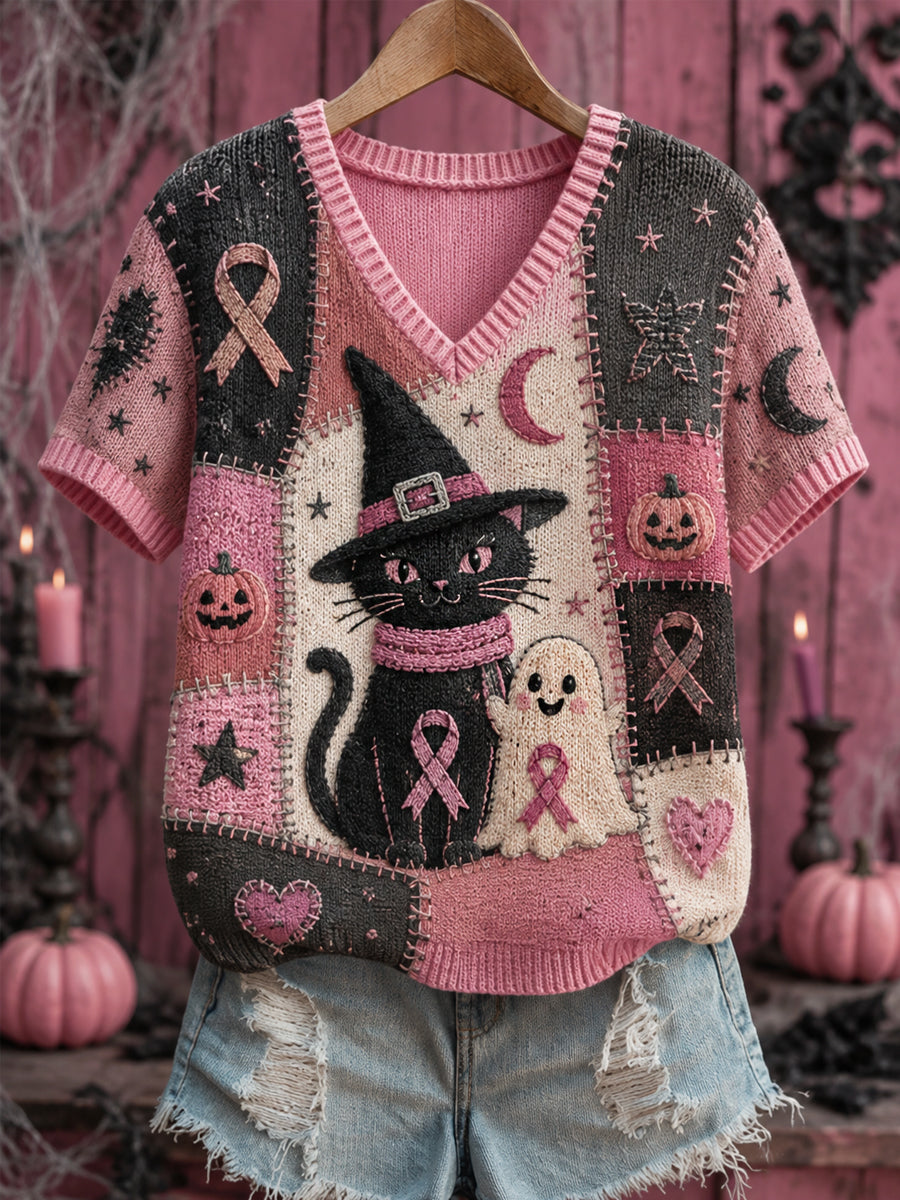 Women's Halloween Pink Ghost And Cat Pink Ribbon Print Breast Cancer Awareness Support V-Neck Top