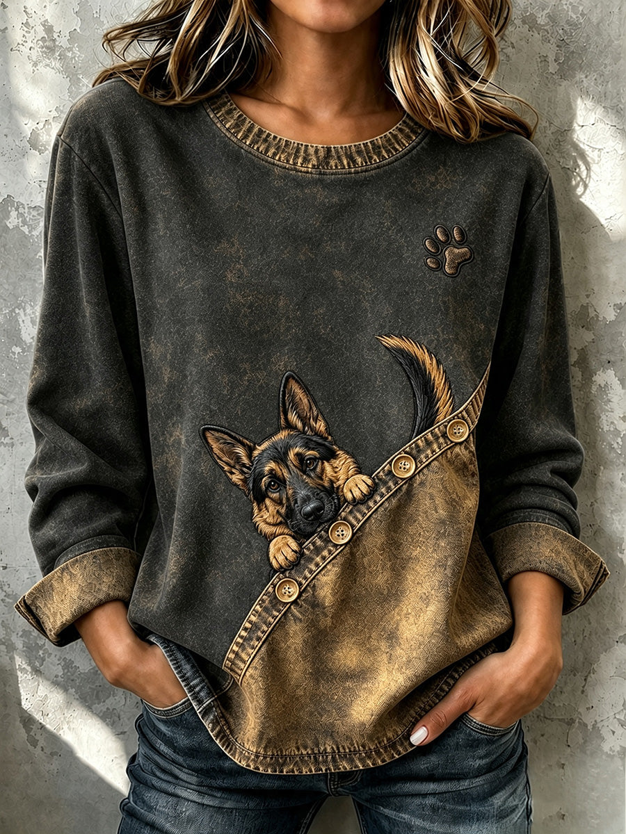 Women's Cute Peeking German Shepherd & Paw Print Casual Button Sweatshirt