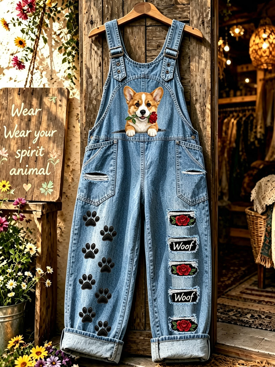 Women's Animal Dog Art Printed Overalls