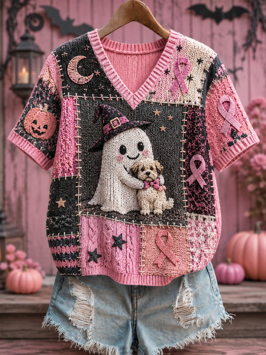 Women's Halloween Pink Ghost And Dog Pink Ribbon Print Breast Cancer Awareness Support V-Neck Top