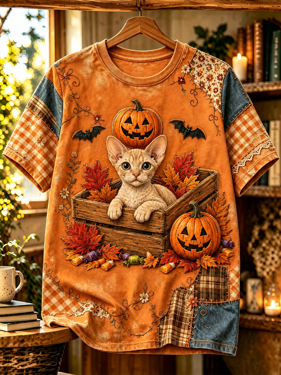 Women's Halloween Animals Cat Printed Vintage Fashion Loose Short Sleeve T-Shirt